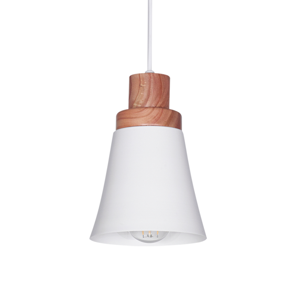 Dis-COLGANTE EN MADERA PARAISO Y CAMPANA DE METAL EN NEGRA O BLANCA PARA E27, DIAMETRO DE 14 CM, ALTO TOTAL 1 METRO REGULABLE CON TANZA.