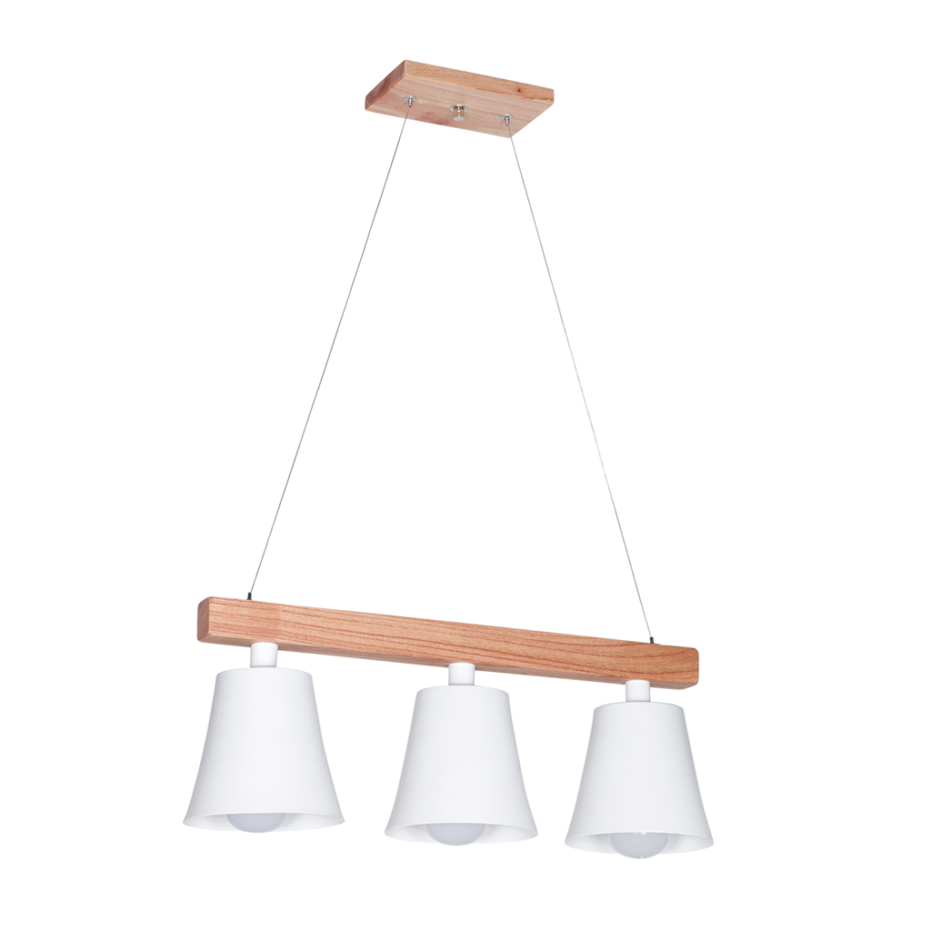 Dis-COLGANTE EN MADERA PARAÍSO Y CAMPANA DE METAL BLANCA PARA E27 DIAMETRO DE LA CAMPANA 14 CM ALTO TOTAL 1 METRO REGULABLE CON TANZA LARGO DE LA MADERA 50 CM