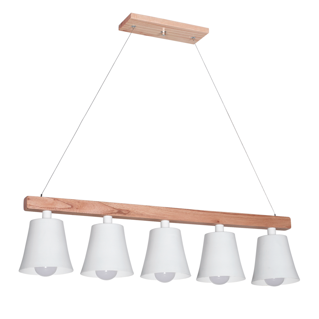 COLGANTE EN MADERA PARAÍSO Y CAMPANA DE METAL EN BLANCA E27 DIAMETRO DE LA CAMPANA 14 CM ALTO TOTAL 1MT REGULABLE CON TANZA LARGO DE LA MADERA 80 CM