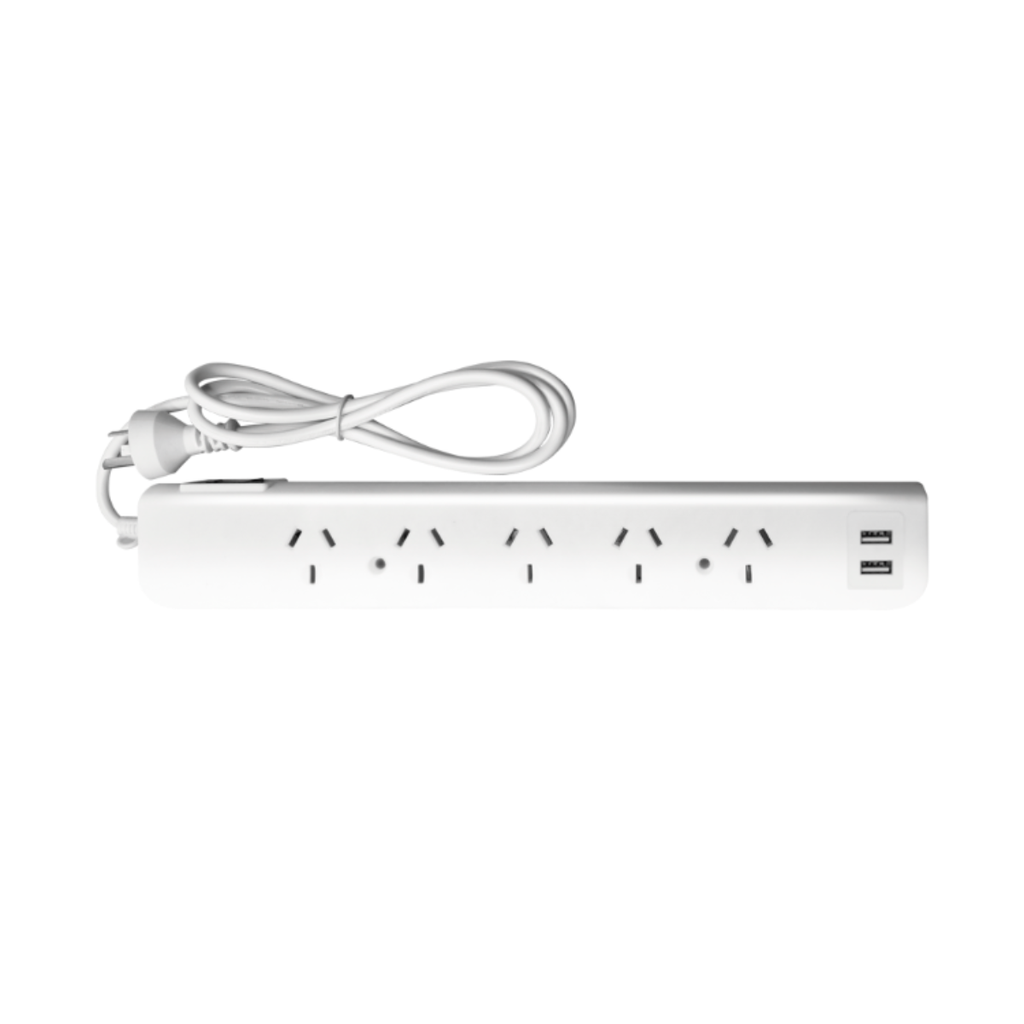 PROLONGADOR MULTIPLE 5 TOMAS + 2 USB, BLANCO, 1,5 MTS DE CABLE 3X0,75MM, 250V, 10A, 2200W MAX. PROTECTOR TERMICO