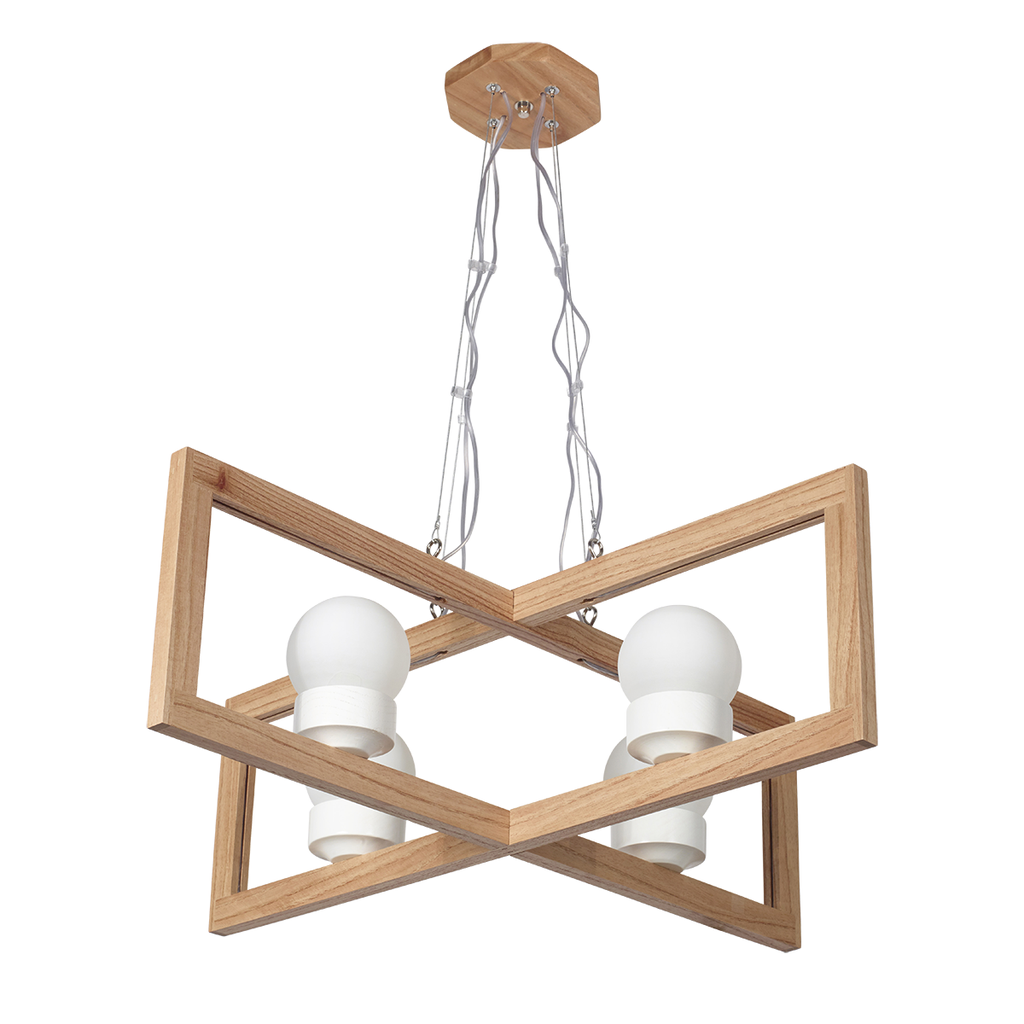COLGANTE EN MADERA PARAISO DE 4 LUCES CON VASITOS EN MADERA PINTADOS EN BLANCO. PARA E27, MEDIDAS: 77 CM POR 77 CM POR 24 CM DE ALTO MÁS LARGO DEL CABLE. CON TULIPAS DE VIDRIOS DE 6 X 10 CM OPAL SATINADAS.