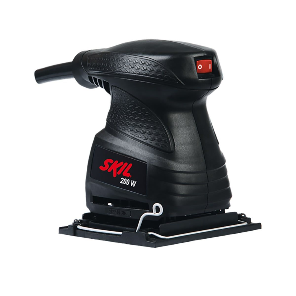 Lijadora Orbital. Datos Técnicos: Potencia: 200W / OPM: 14.000 / Tamaño de la base: 114 x 140 mm / Dimensión: 140 x 130 x 111 mm / Peso: 1,3 Kg / Velocidad variable: NO / Grapas de fijación de lija: SI / Interruptor selado internamente: SI / Accesorios incluidos:1 lija