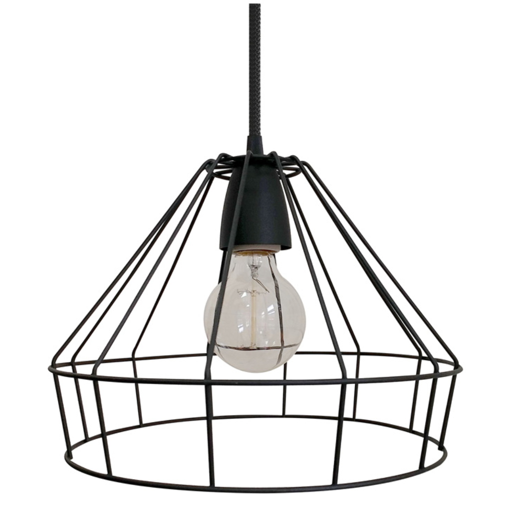 Colgante de alambre negro con madera Ø300 x 220mm