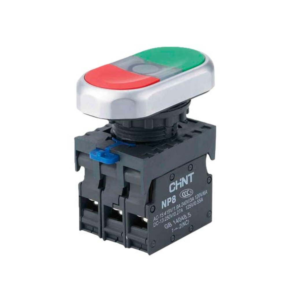 PULSADOR LUMINOSO DOBLE 22 MM - NP8 - COLOR VERDE/BLANCO/ROJO 110V-230VCA - C/1NA+ 1NC