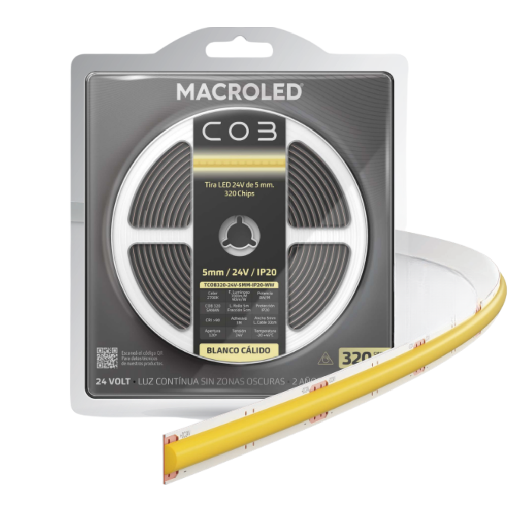TIRA COB 320 LED X METRO MACROLED BCO CALIDO, 2700K, DC24V, 8MM, IP20, 10W, CRI90, 100LM/W