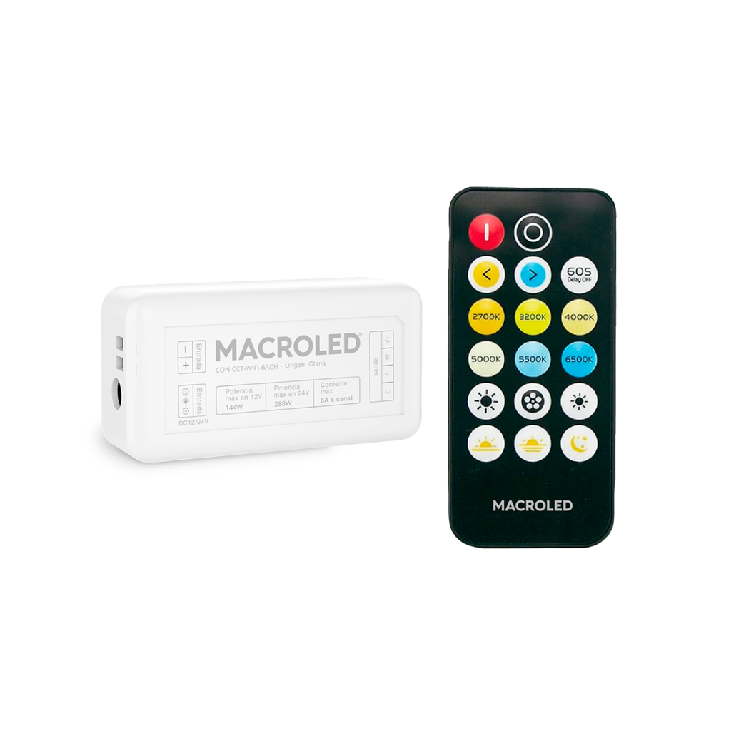 CONTROLADOR SMART WIFI CCT - BLANCOS DINAMICOS PARA TIRAS LED MACROLED, TENSION 12V/24V, POTENCIA 144W/288W, RED 2.4GHZ