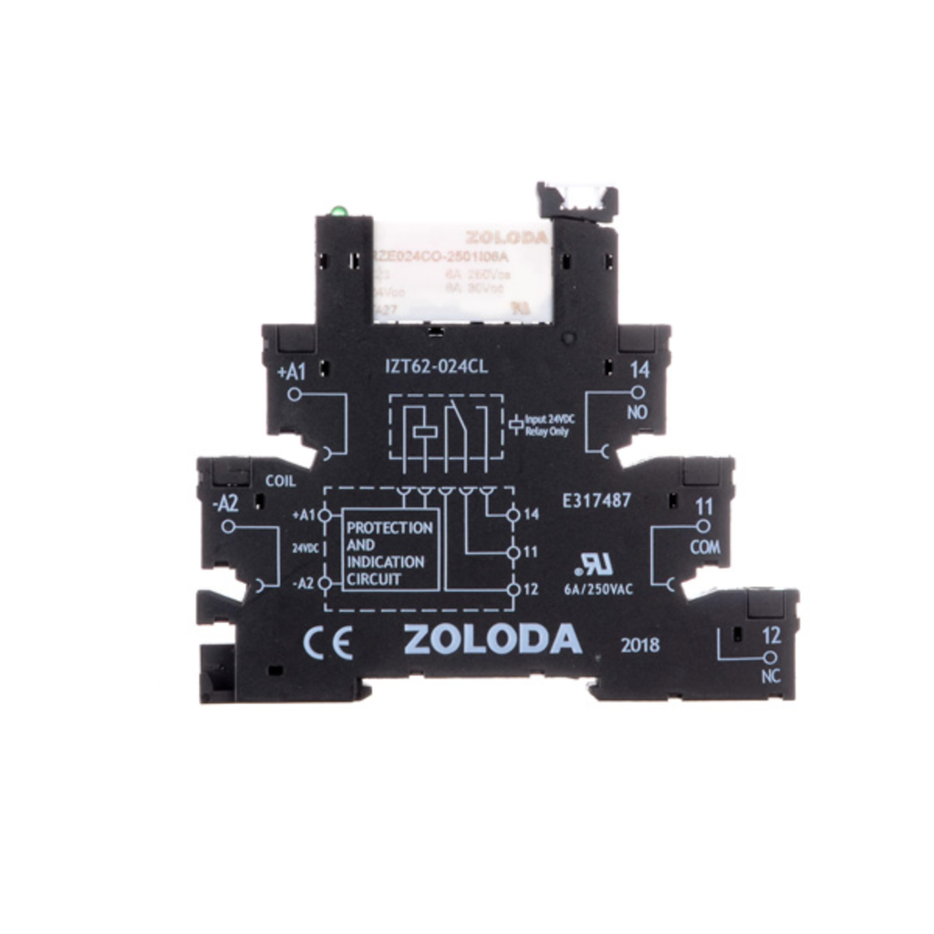Interface electrom. 6, 2mm. tornillo 1 cont. inv. Ent: 24 VCC (+A1-A2)  Sal: 250 Volt 1x6 A, relé 24VCC. IZET62-024CL-024CO-2501I06