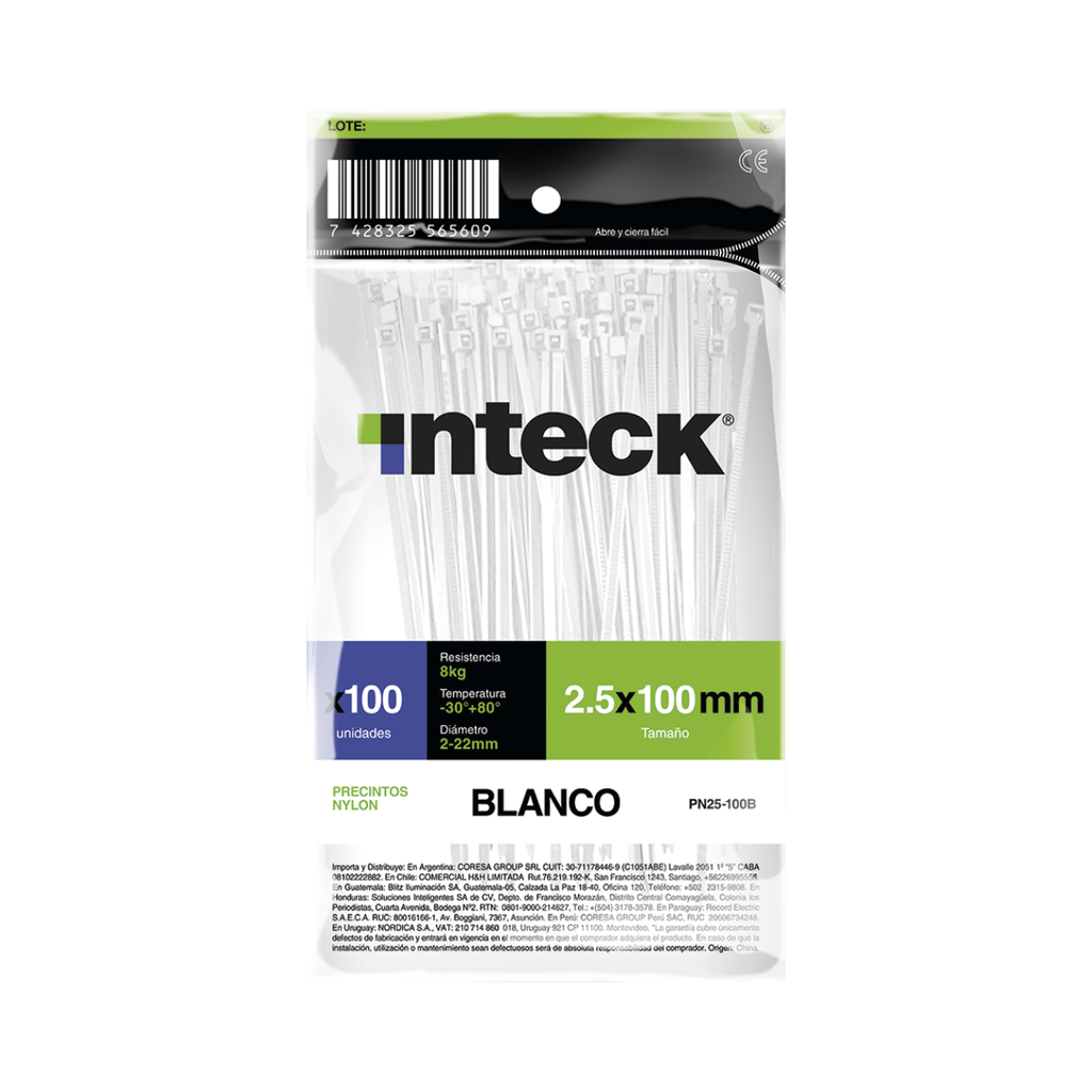 PRECINTO DE NYLON 4.8MM X 250MM - BLANCO X 100 UNI