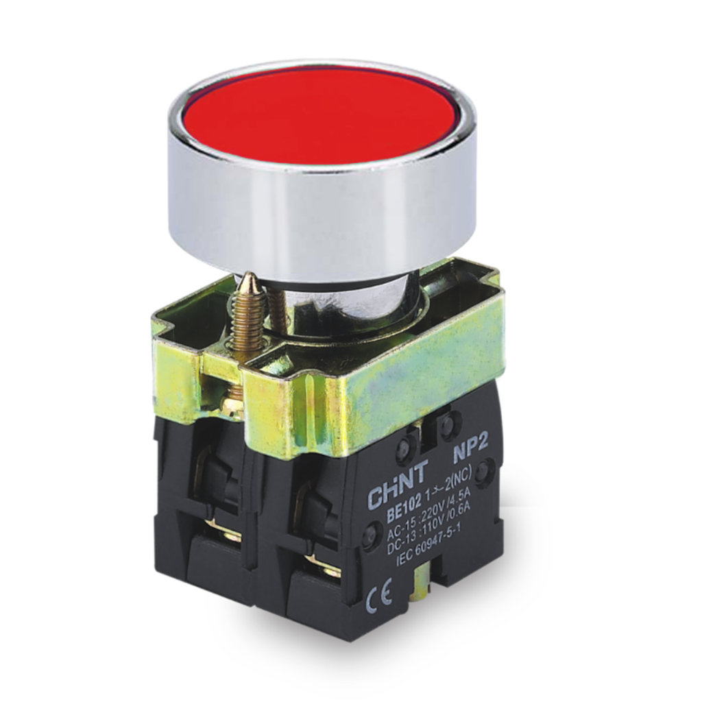 PULSADOR DE CUERPO METALICO DE 22 MM ROJO CON CONTACTO NC