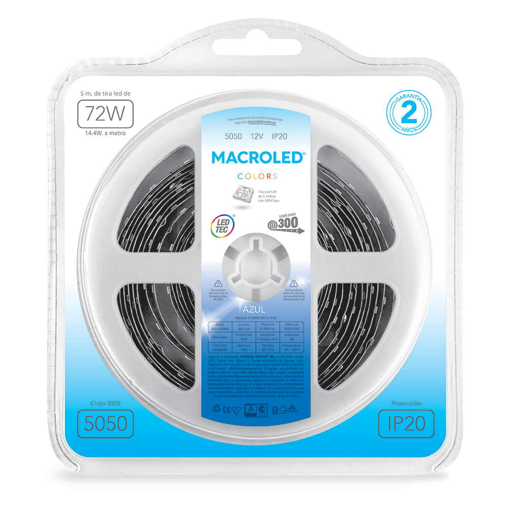 Tira 5050 IP20 DC12V 14,4W 5MTS Macroled azul