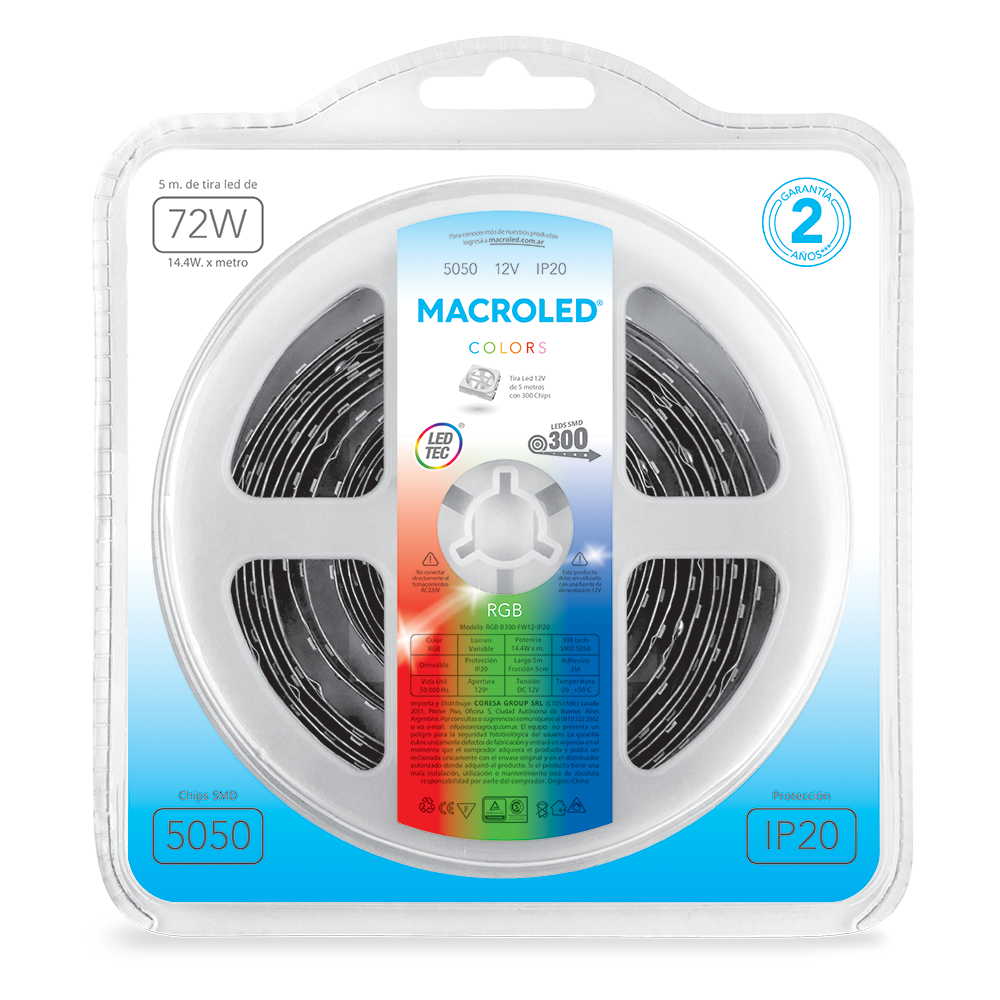 Tira 5050 IP20 DC12V 14,4W 5MTS Macroled RGB