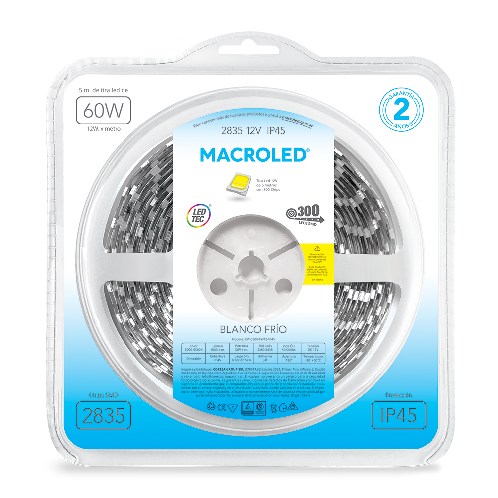 TIRA 5050 MACROLED BCO FRIO IP45 - DC12V - 14,4W - 60 LED X 5 MTS