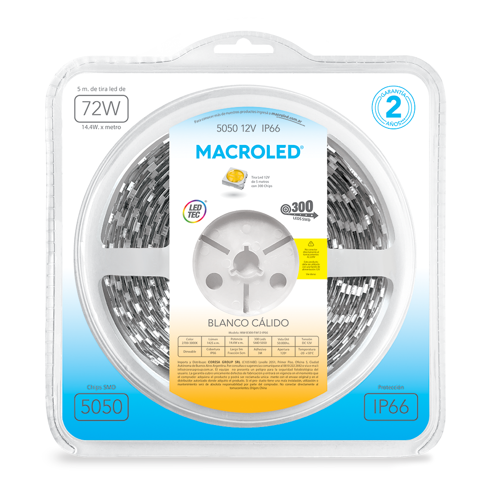 Tira 5050 IP66 DC12V 14,4W 5MTS Macroled calido