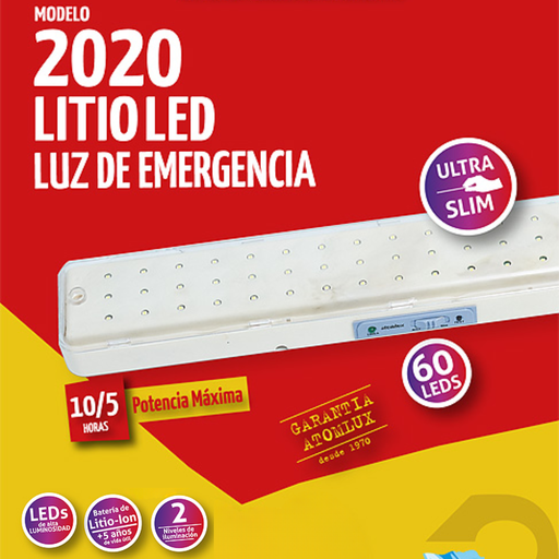 [ATO2020Litio Led] Luminaria Aut. 60 Led's blancos de alto brillo - Batería de Litio Ion - Ultra Slim -   Autonomía 10/5Hs. - 2 niveles de iluminación 