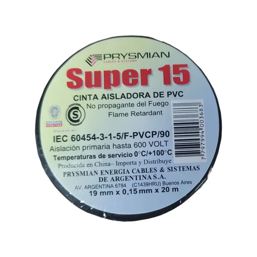 [PRYCAR89646] Cinta Aisladora Prysmian PVC Super 15 0,15 mm x 0,19mm x 20 metros Negro
