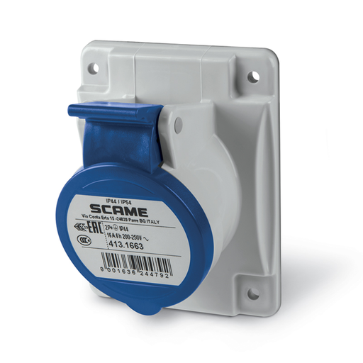 [SCA413.1663] Base empotrable industrial 16A 2P+T 6h 200-250V 50Hz 60Hz 70X87MM bornes con tornillo Optima