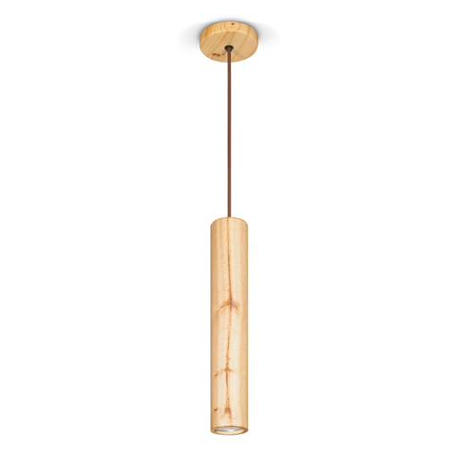 [CARA21] COLGANTE PARA GU10 EN PINO NATURAL CON CABLE COLOR CHOCOLATE TORRE de 30CM