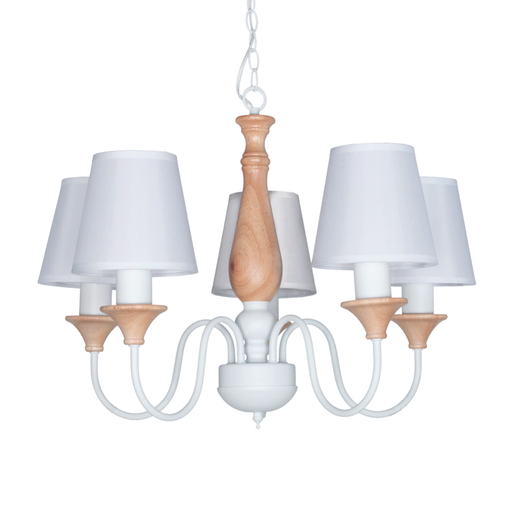 [DABFamily-5] Araña 5L caño blanco con madera y pantalla de tela