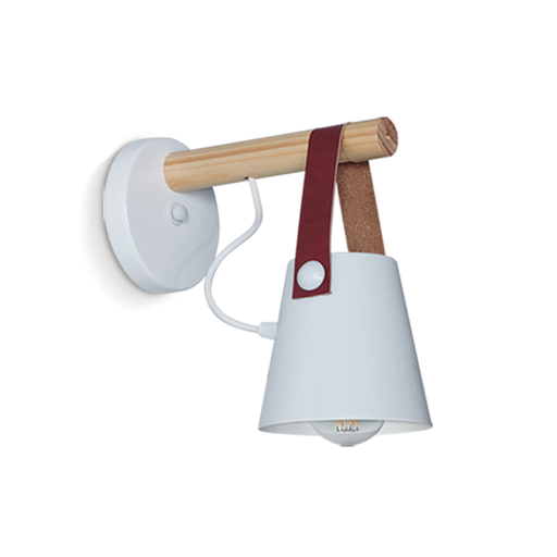 [CAR102/1BL] Dis-APLIQUE DE UNA LUZ EN MADERA NATURAL CON DETALLES EN CUERO Y TERMINACIONES METÁLICAS BLANCAS ALTURA 25 CM. ANCHO 25 CM