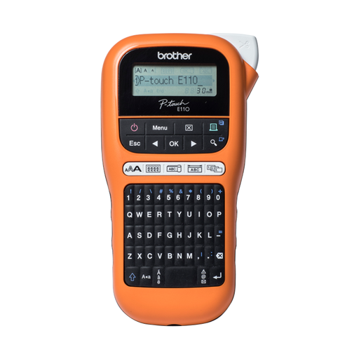 [BROPT-E110VP] ROTULADORA MANUAL DE CINTA "LAMINADA" Imprime 2 lineas de texto.(insumos:"TZe" y "Hse" de 6-9-12mm) Resolución: 180 dpi Cortador: Manual Incluye Maletin de transporte