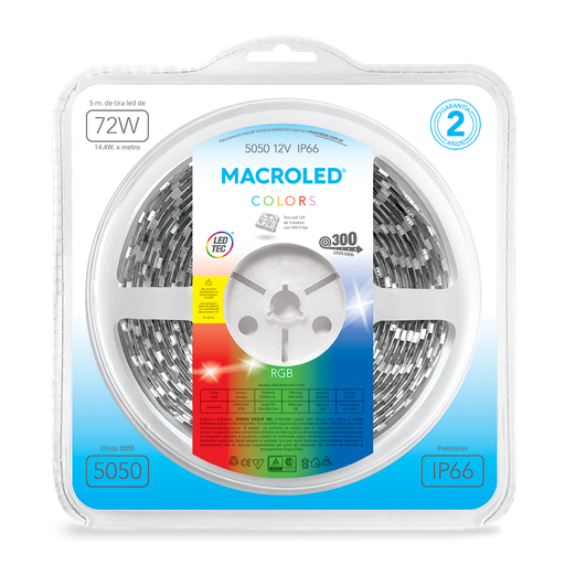 [CORRGB-B300-FW12-IP66] Tira 5050 IP66 DC12V 14,4W 5MTS Macroled RGB